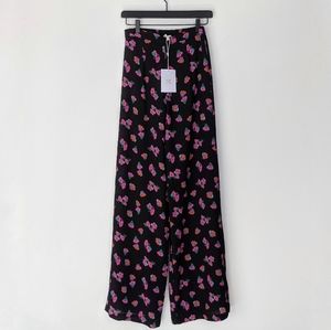 WAYF Pull On Black Floral Rayon Wide Leg Pants XS